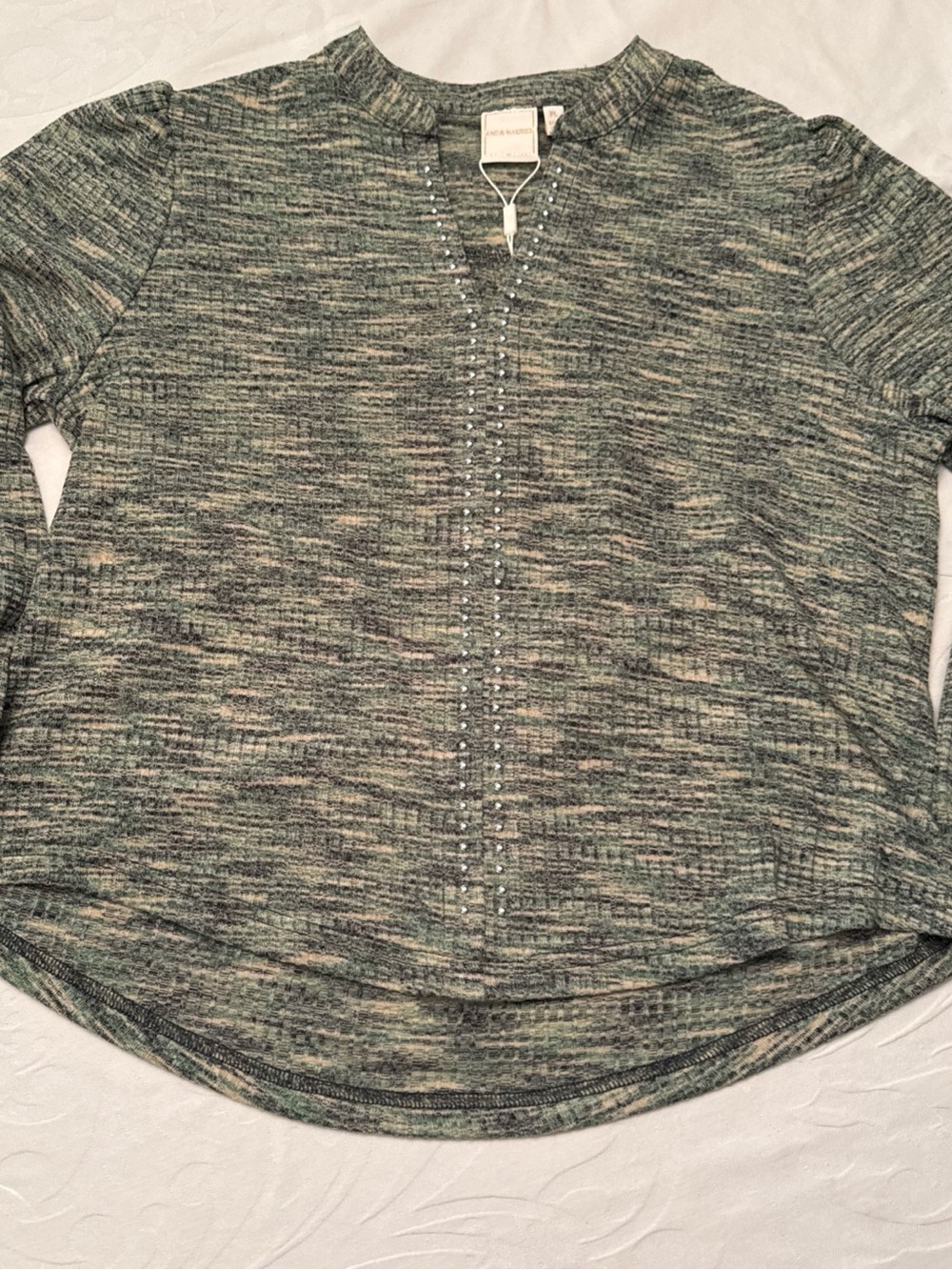 NWT Caslon Green Marled Knit Long Sleeve Top with Embellished Front